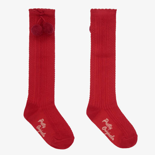 Pretty Originals-Girls Red Pom-Pom Cotton Socks | Childrensalon