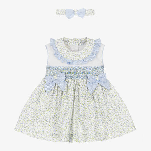 Pretty Originals-Girls White & Blue Cotton Smocked Dress Set | Childrensalon