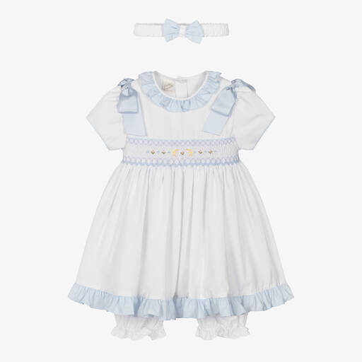 Pretty Originals-طقم فستان مطرز سموكينغ مزيج قطن أبيض وأزرق | Childrensalon