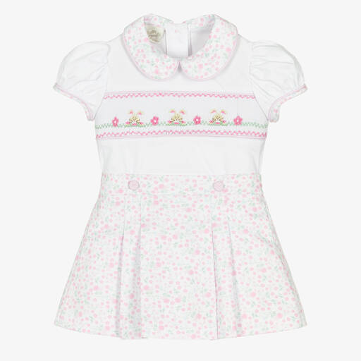 Pretty Originals-Girls White & Pink Cotton Floral Skirt Set | Childrensalon