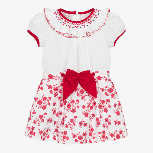 Pretty Originals-Girls White & Red Hand-Smocked Skirt Set | Childrensalon