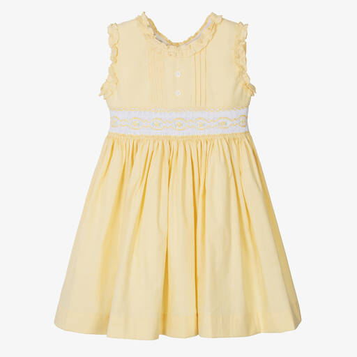 Pretty Originals-فستان مطرز سموكينغ قطن لون أصفر | Childrensalon