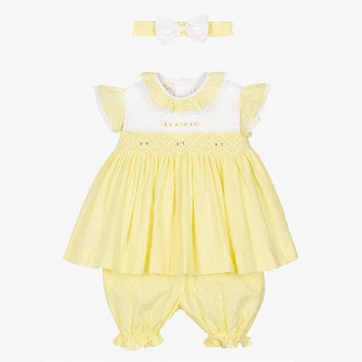 Pretty Originals-Girls Yellow Smocked Cotton Dress Set | Childrensalon