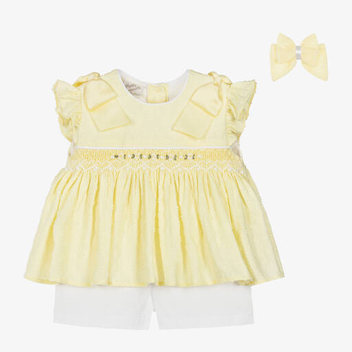 Pretty Originals-Girls Yellow Smocked Cotton Shorts Set | Childrensalon