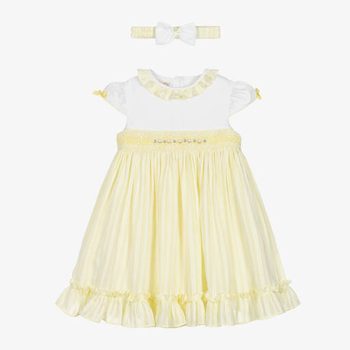 Pretty Originals-Girls Yellow Striped & Smocked Dress Set | Childrensalon