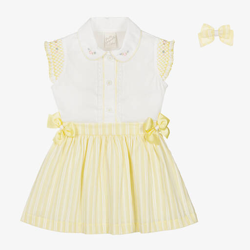 Pretty Originals-Girls Yellow & White Cotton Skirt Set | Childrensalon