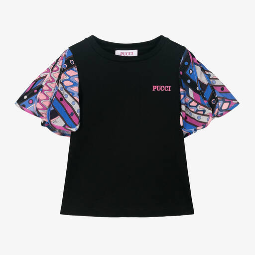 PUCCI-Girls Black Viscose Vivara Print T-Shirt | Childrensalon