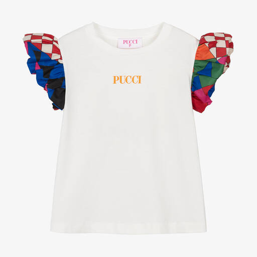 PUCCI-Girls Ivory Cotton Giardino T-Shirt | Childrensalon