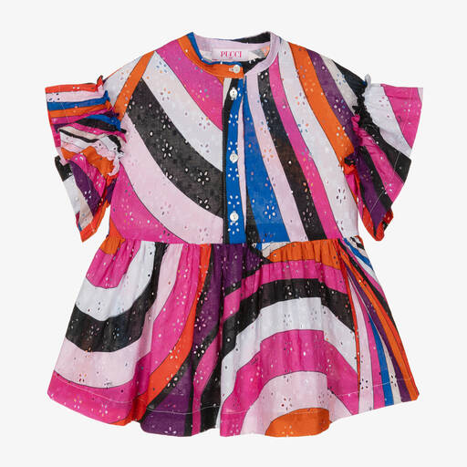 PUCCI-Розовая блузка с вышивкой английской гладью и принтом Iride | Childrensalon