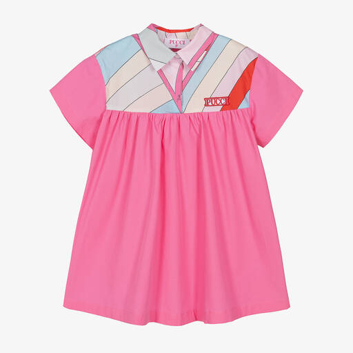 PUCCI-فستان قطن عضوي بوبلين لون زهري بطبعة ملونة | Childrensalon
