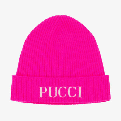 PUCCI-Girls Pink Wool Knit Beanie Hat | Childrensalon