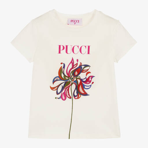 PUCCI-Girls White Cotton Dahlia T-Shirt | Childrensalon