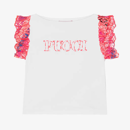 PUCCI-Girls White Organic Cotton Onde T-Shirt | Childrensalon