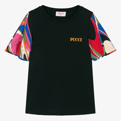 PUCCI-Teen Girls Black Cotton Onde Print T-Shirt | Childrensalon