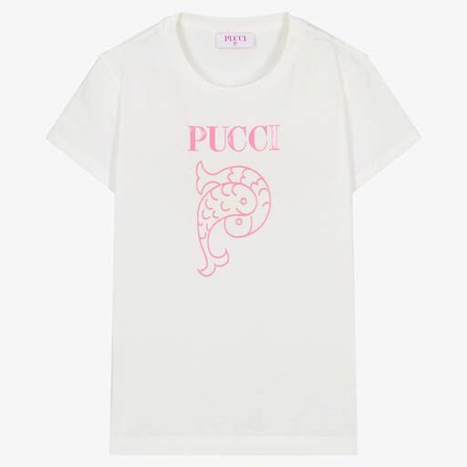 PUCCI-Teen Girls Ivory Organic Cotton T-Shirt | Childrensalon
