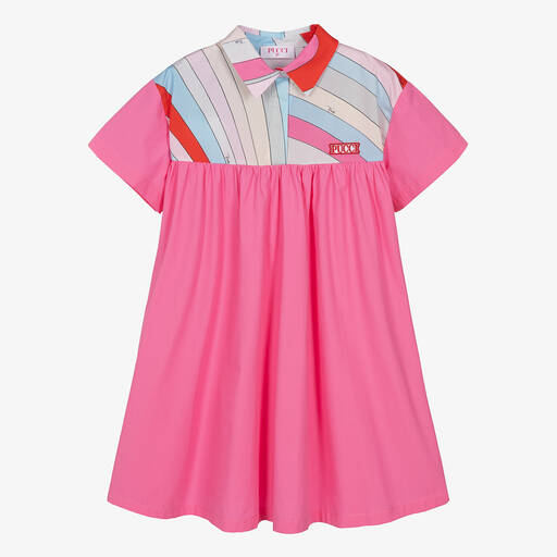 PUCCI-فستان قطن عضوي لون زهري بطبعة ملونة للمراهقات | Childrensalon