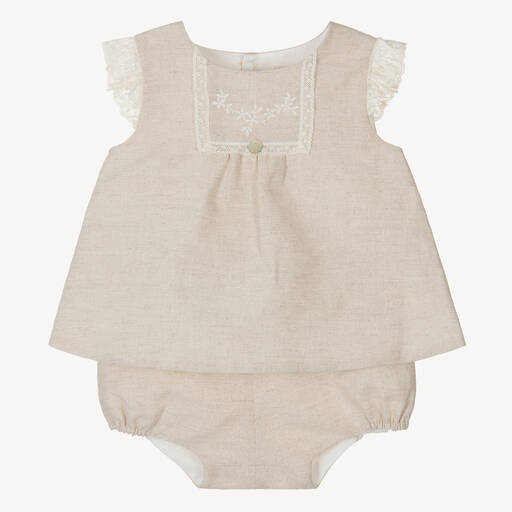 Pureté Du... Bébé-Baby Girls Beige Linen Shorts Set | Childrensalon