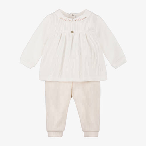 Pureté Du... Bébé-Baby Girls Beige Ribbed Cotton Trouser Set | Childrensalon