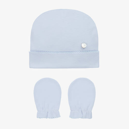 Pureté Du... Bébé-Blue Cotton Hat & Mittens Set | Childrensalon