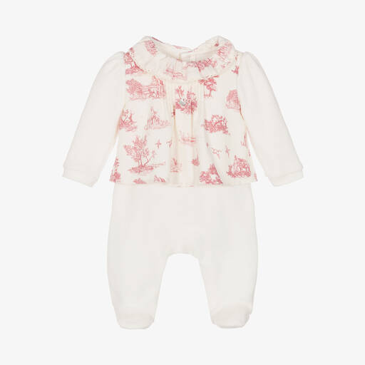 Pureté Du... Bébé-Girls Ivory Toile de Jouy Velour Babygrow | Childrensalon