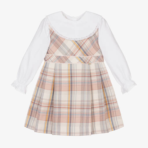 Pureté Du... Bébé-Girls White & Pink Checked Cotton Dress Set | Childrensalon