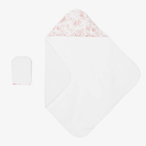 Pureté Du... Bébé-White & Pink Hooded Towel & Mitt Set | Childrensalon