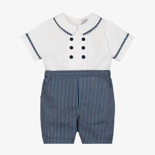 Rachel Riley-Baby Boys Blue Stripe Cotton Shortie | Childrensalon