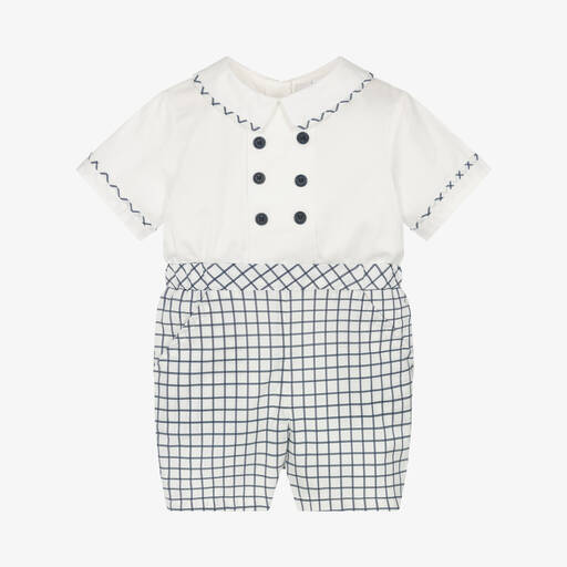 Rachel Riley-Baby Boys White & Blue Cotton Shortie | Childrensalon