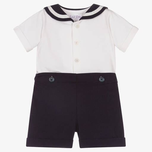 Rachel Riley-Baby Boys White & Blue Sailor Buster Suit | Childrensalon