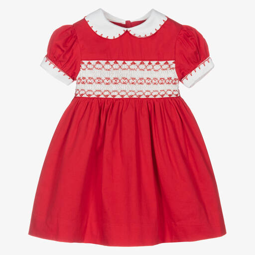 Rachel Riley-Красное хлопковое платье с присборенной вышивкой для малышек | Childrensalon