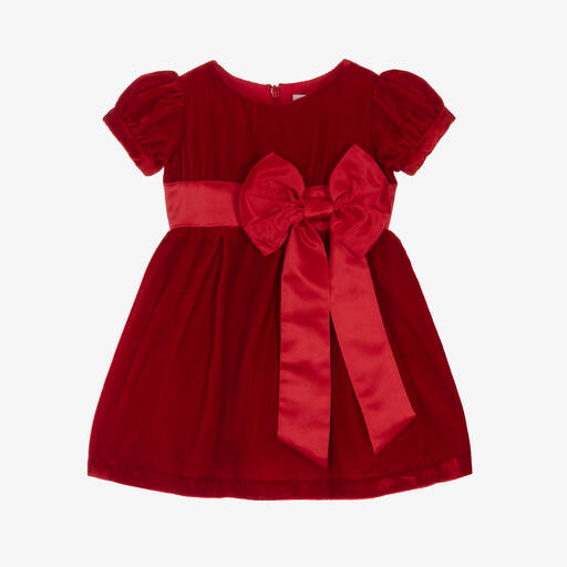 Rachel Riley-Baby Girls Red Crushed Velvet Bow Dress | Childrensalon