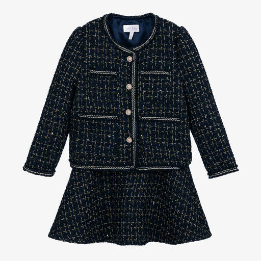 Rachel Riley-Girls Blue Bouclé Tweed Skirt Set | Childrensalon