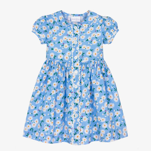 Rachel Riley-Girls Blue Cotton Daisy Print Dress | Childrensalon