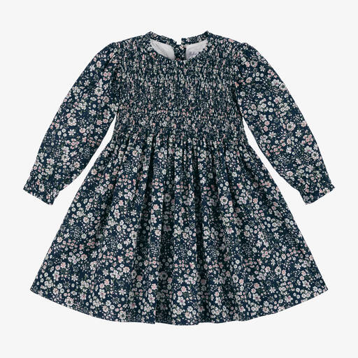 Rachel Riley-Girls Blue Cotton Shirred Floral Dress | Childrensalon