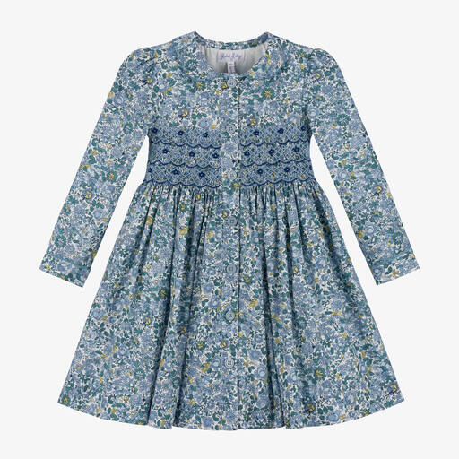 Rachel Riley-Girls Blue Floral Smocked Cotton Dress | Childrensalon