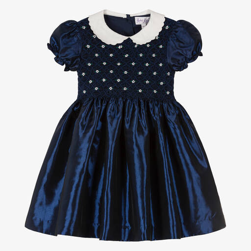 Rachel Riley-Girls Blue Hand-Smocked Satin Dress | Childrensalon