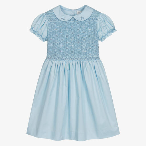 Rachel Riley-Girls Blue Smocked Cotton Dress | Childrensalon