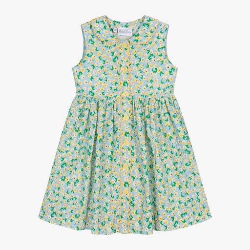 Rachel Riley-Girls Blue & Yellow Floral Cotton Dress | Childrensalon