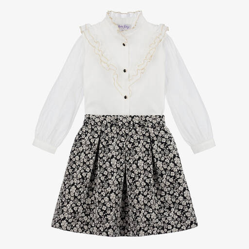 Rachel Riley-Girls Ivory & Black Floral Skirt Set | Childrensalon