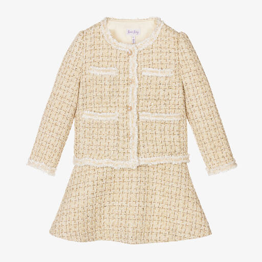 Rachel Riley-Girls Ivory & Gold Tweed Blazer & Skirt Set | Childrensalon