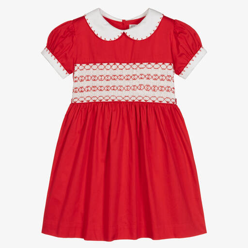 Rachel Riley-Красное хлопковое платье с присборенной вышивкой для девочек | Childrensalon