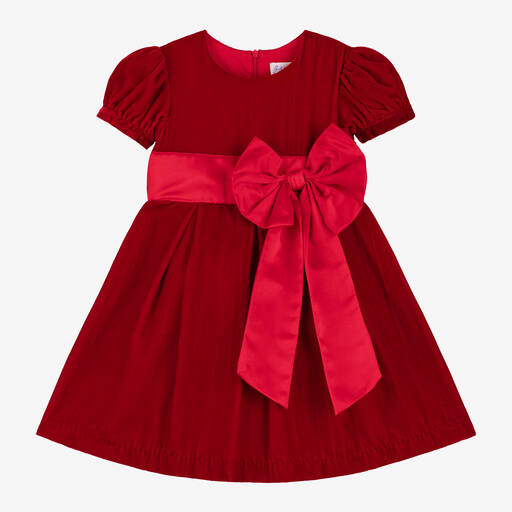 Rachel Riley- فستان بفيونكة قطيفة لون أحمر | Childrensalon