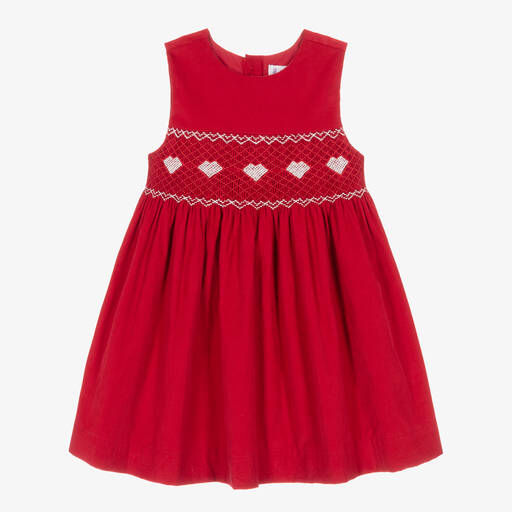 Rachel Riley- فستان تطريز سموك باليد قطن لون أحمر | Childrensalon