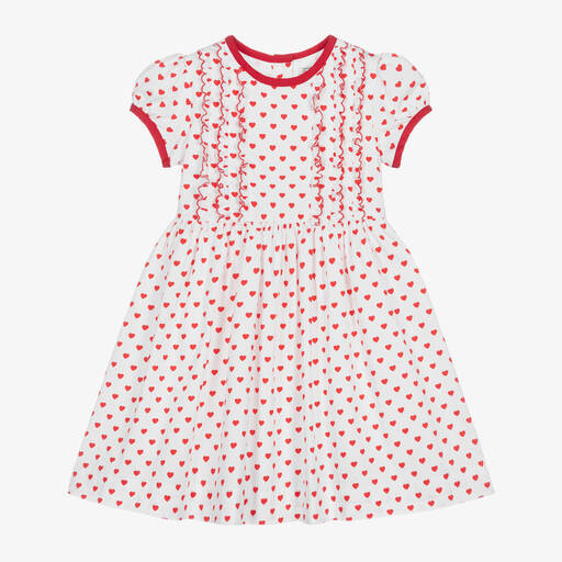 Rachel Riley-Girls White & Red Heart Print Cotton Dress | Childrensalon