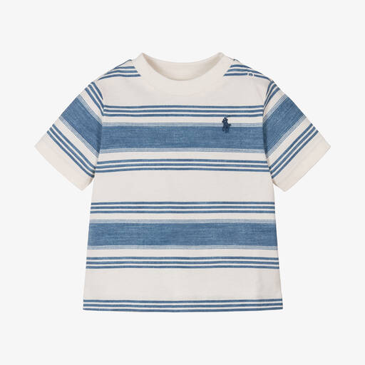 Ralph Lauren-Baby Boys Blue Stripe Cotton T-Shirt | Childrensalon
