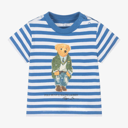 Ralph Lauren-Baby Boys Blue Striped Cotton Bear T-Shirt | Childrensalon
