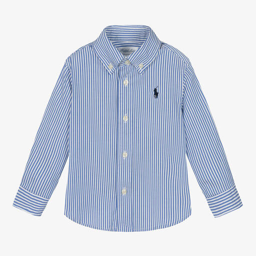 Ralph Lauren-قميص قطن بوبلين مقلم لون أزرق وأبيض للأولاد | Childrensalon