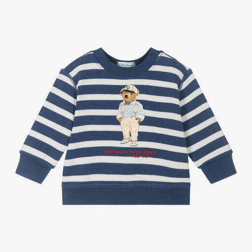 Ralph Lauren-Baby Boys Blue Striped Polo Bear Sweatshirt | Childrensalon