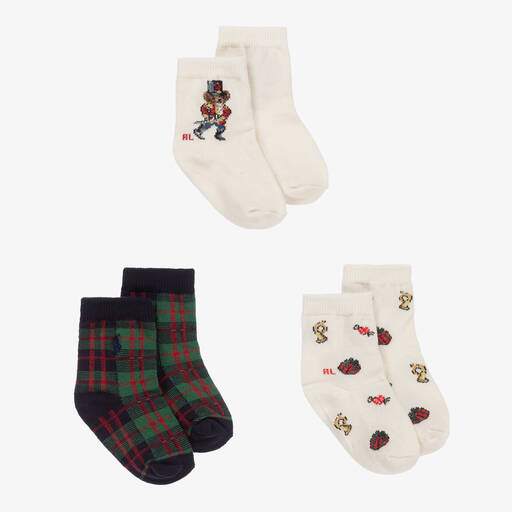 Ralph Lauren-Baby Boys Ivory & Tartan Cotton Socks (3 Pack) | Childrensalon