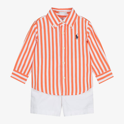 Ralph Lauren-Baby Boys Orange Striped Cotton Shorts Set | Childrensalon